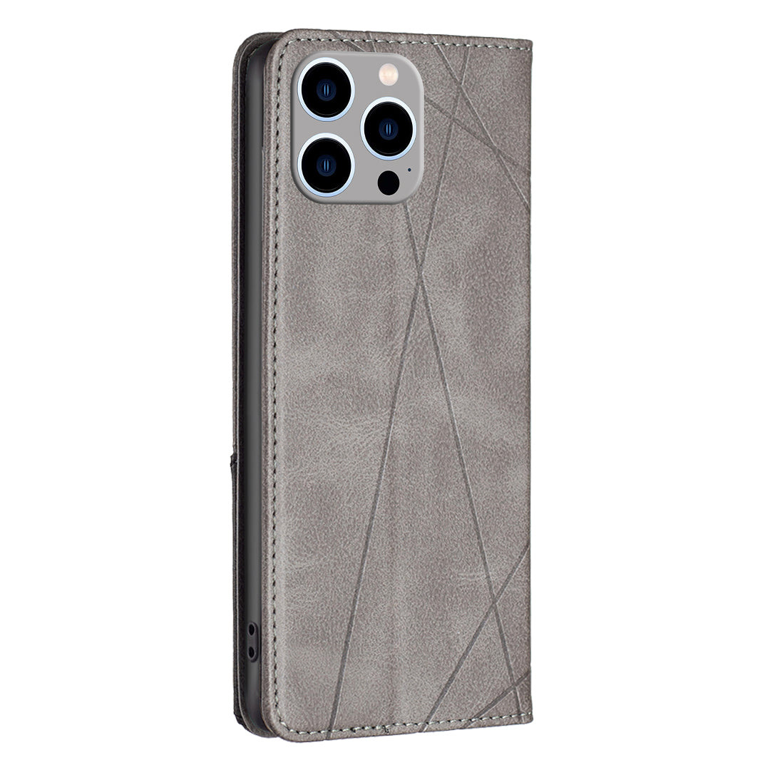 Uniqkart for iPhone 15 Pro Max Stand Leather Phone Cover Card Holder Shell Imprinted Line Cell Phone Case - Grey Uniqkart for iPhone 15 Pro Max Stand Leather Phone Cover Card Holder Shell Imprinted Line Cell Phone Case - Grey